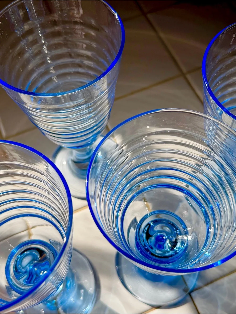Set of Four, Vintage 90s Blue Ribbed Glass Goblets - Set of Decorative Glasses